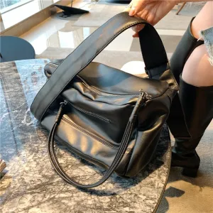 Black PU Leather Retro Large-Capacity Bag Handbags Women's Bag 2021 New Style Fashion All-Match Simple Shoulder Bag Tote Bag