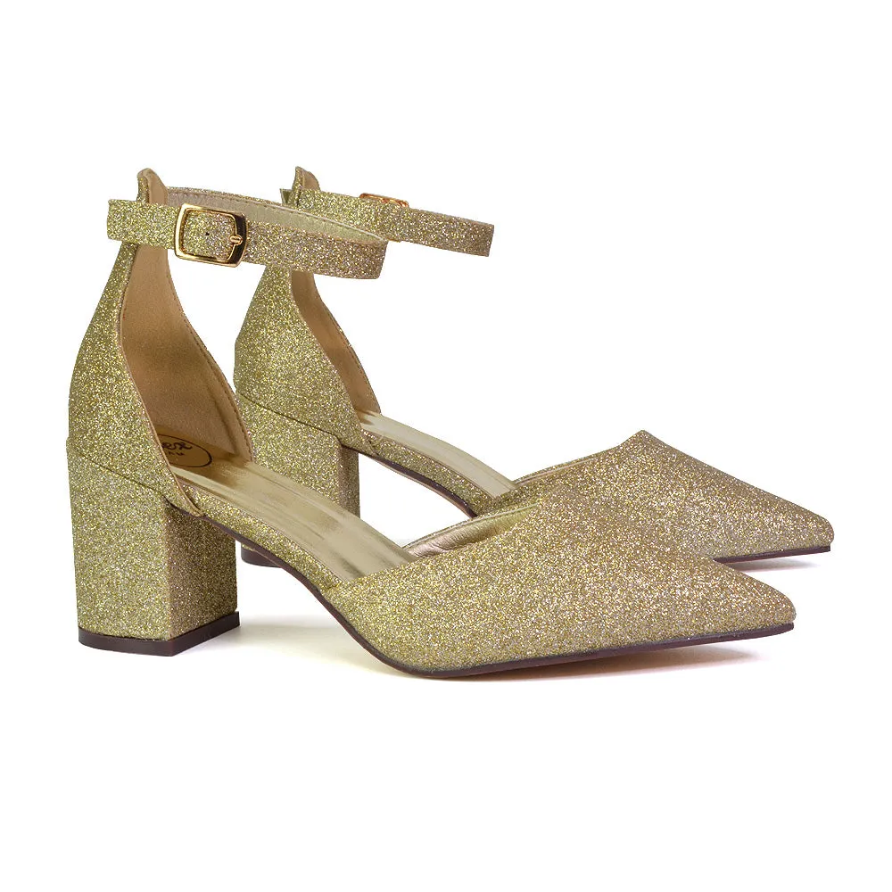 Bronte Pointed Toe Strappy Mid Block Heel Sandal Court Shoes in Silver