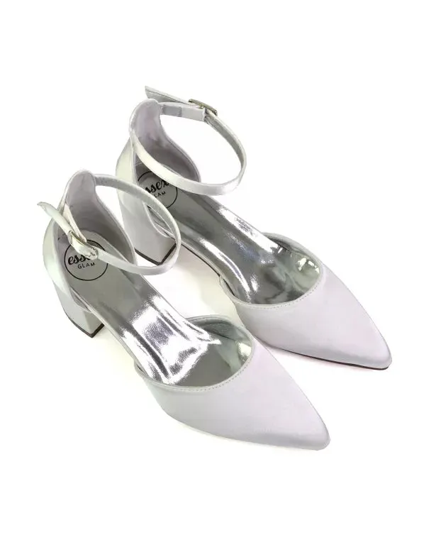 Bronte Pointed Toe Strappy Mid Block Heel Sandal Court Shoes in Silver