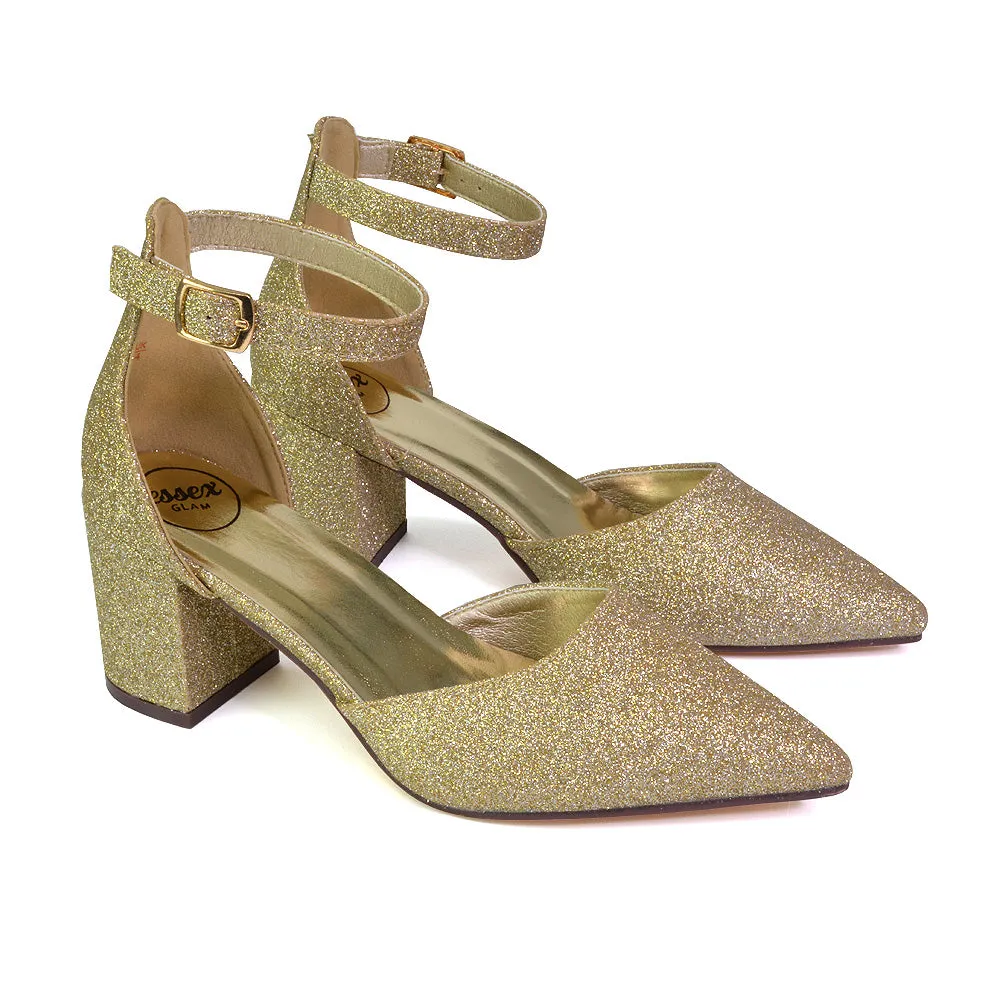 Bronte Pointed Toe Strappy Mid Block Heel Sandal Court Shoes in Silver