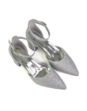 Bronte Pointed Toe Strappy Mid Block Heel Sandal Court Shoes in Silver