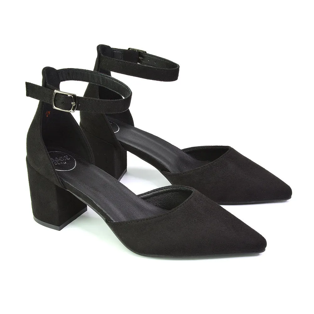 Bronte Pointed Toe Strappy Mid Block Heel Sandal Court Shoes in Silver