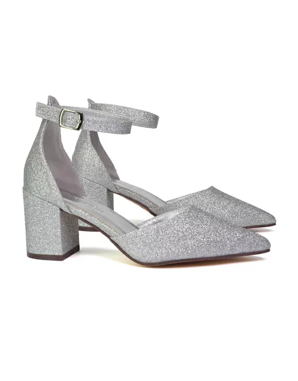 Bronte Pointed Toe Strappy Mid Block Heel Sandal Court Shoes in Silver