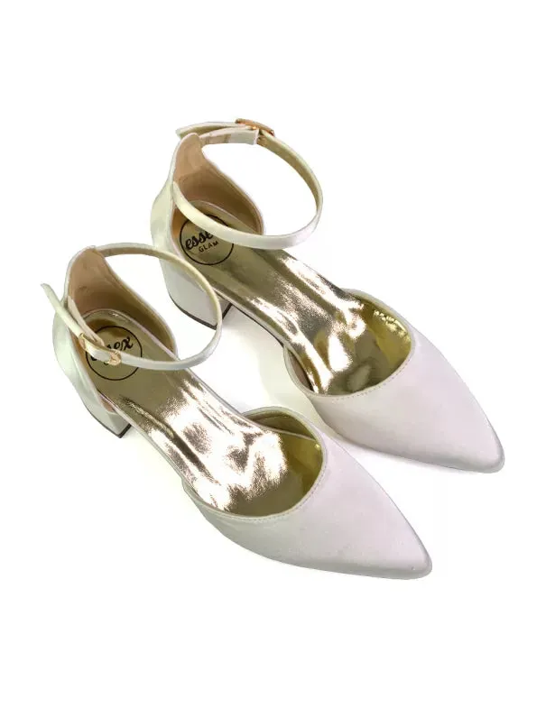 Bronte Pointed Toe Strappy Mid Block Heel Sandal Court Shoes in Silver