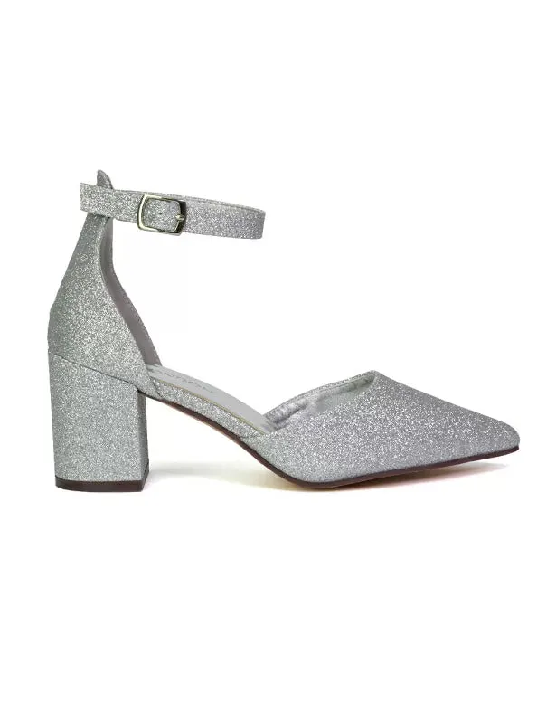 Bronte Pointed Toe Strappy Mid Block Heel Sandal Court Shoes in Silver