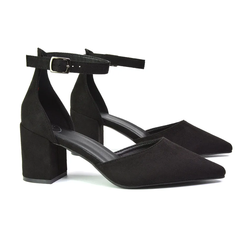 Bronte Pointed Toe Strappy Mid Block Heel Sandal Court Shoes in Silver
