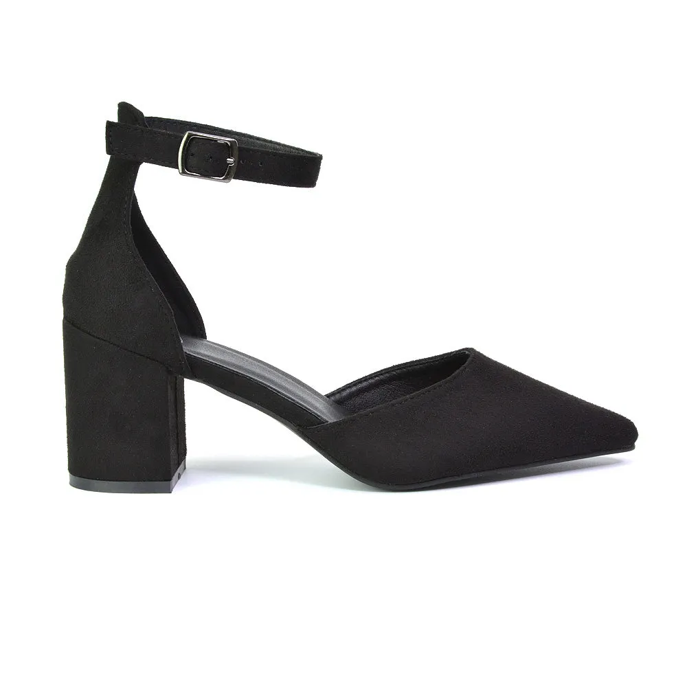 Bronte Pointed Toe Strappy Mid Block Heel Sandal Court Shoes in Silver