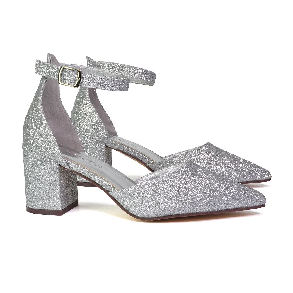 Bronte Pointed Toe Strappy Mid Block Heel Sandal Court Shoes in Silver