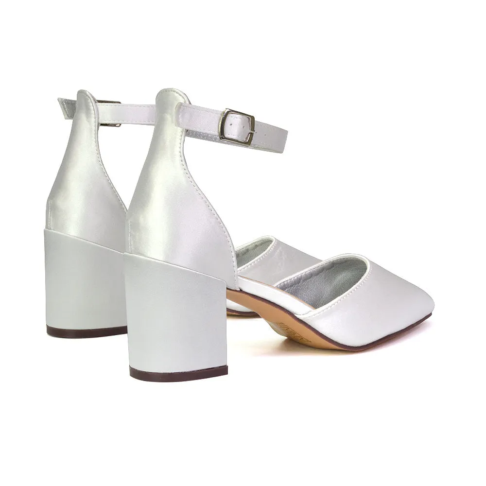 Bronte Pointed Toe Strappy Mid Block Heel Sandal Court Shoes in Silver