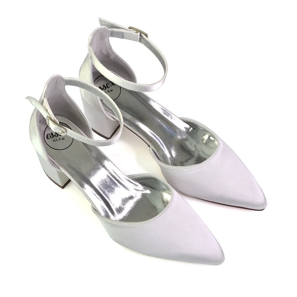 Bronte Pointed Toe Strappy Mid Block Heel Sandal Court Shoes in Silver