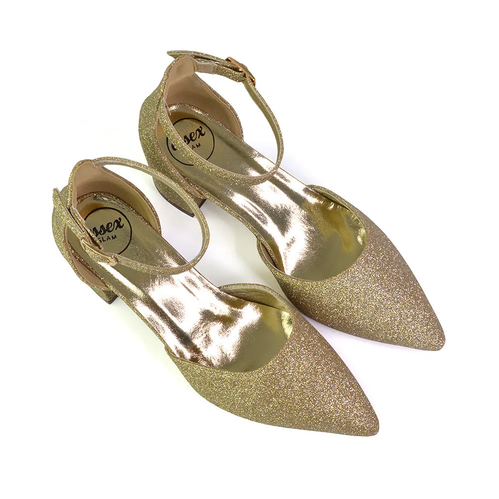 Bronte Pointed Toe Strappy Mid Block Heel Sandal Court Shoes in Silver