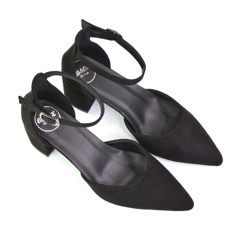 Bronte Pointed Toe Strappy Mid Block Heel Sandal Court Shoes in Silver