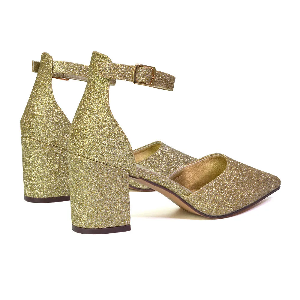 Bronte Pointed Toe Strappy Mid Block Heel Sandal Court Shoes in Silver