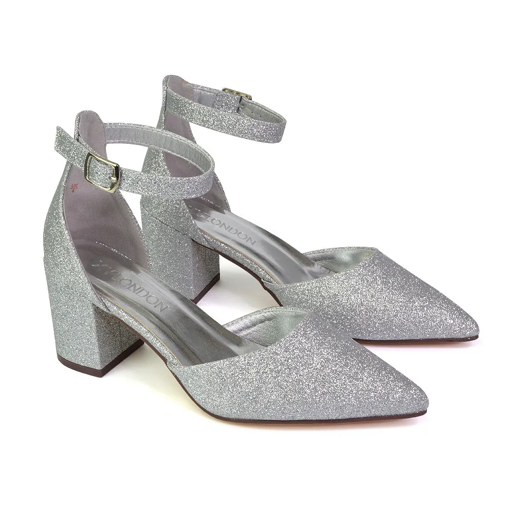 Bronte Pointed Toe Strappy Mid Block Heel Sandal Court Shoes in Silver