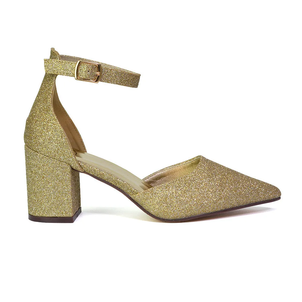 Bronte Pointed Toe Strappy Mid Block Heel Sandal Court Shoes in Silver