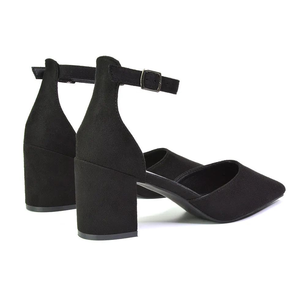 Bronte Pointed Toe Strappy Mid Block Heel Sandal Court Shoes in Silver