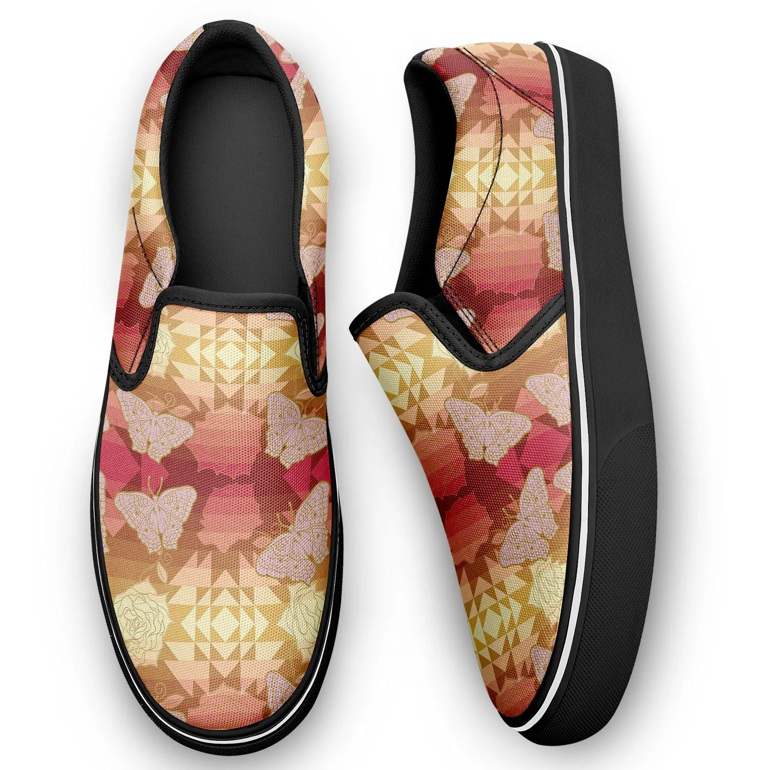 Butterfly and Roses on Geometric Otoyimm Canvas Slip On Shoes