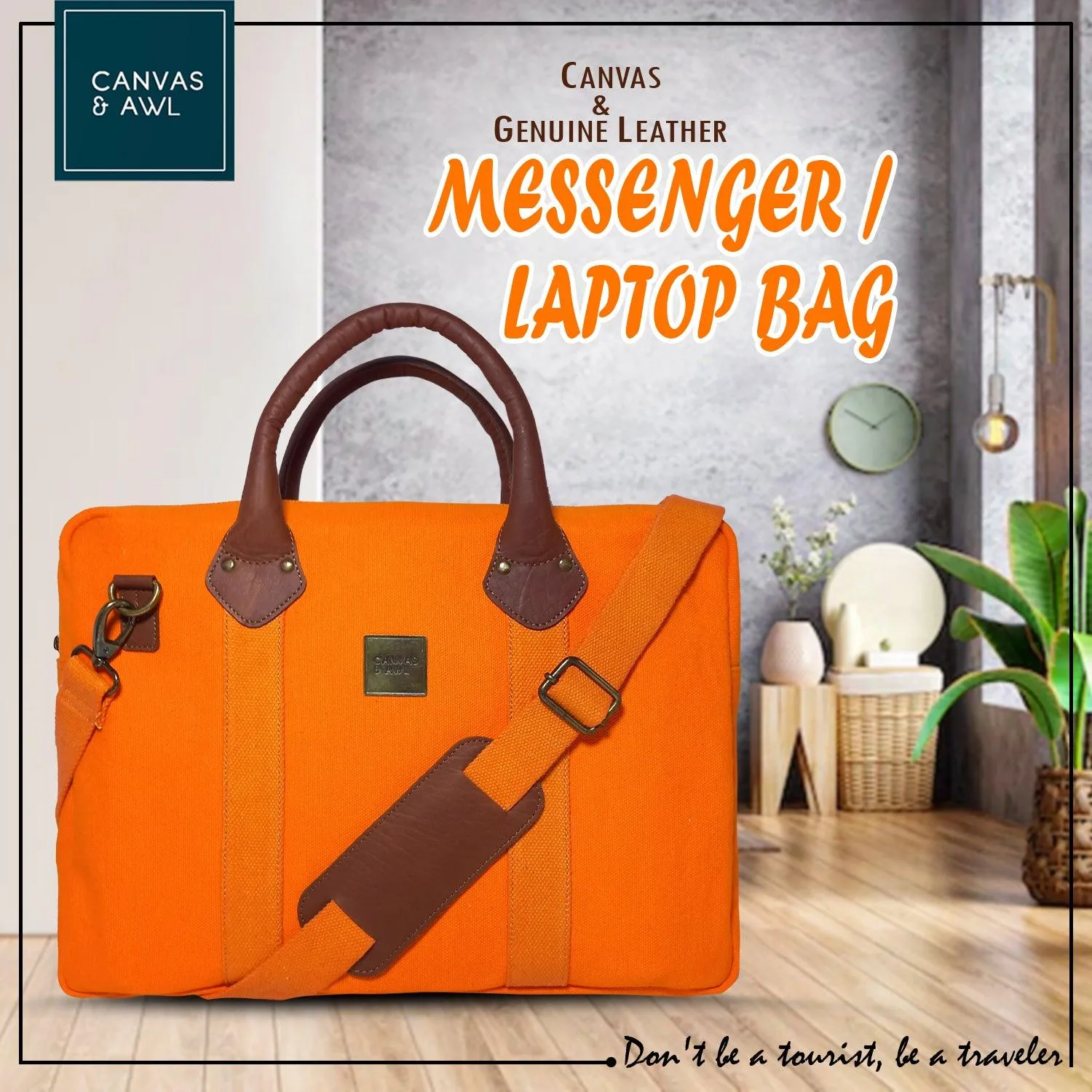 CANVAS & AWL Canvas and Genuine Leather Trim Unisex Laptop Messenger Bag, Travel Crossbody Bag (Orange)