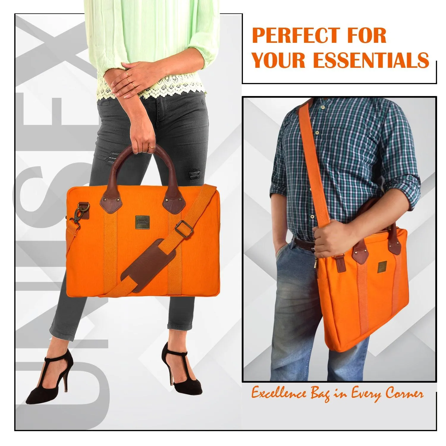 CANVAS & AWL Canvas and Genuine Leather Trim Unisex Laptop Messenger Bag, Travel Crossbody Bag (Orange)