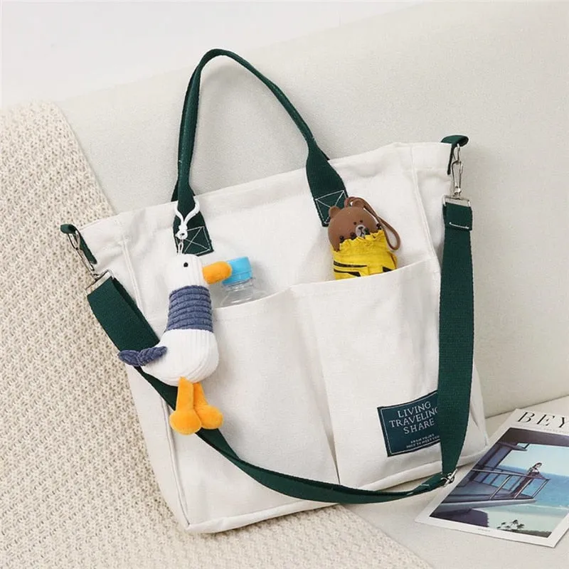 Christmas Gift Cartoons Women Handbag Shoulder Bags Large Capacity Canvas Folding Handbags Shopping Bag with Pendant Tote Book Bags for Girls
