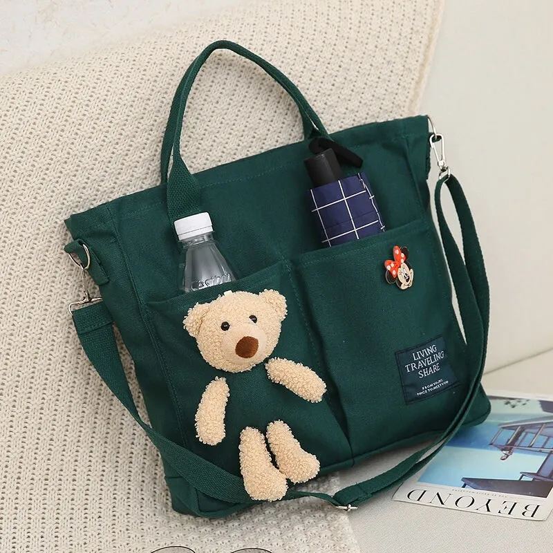 Christmas Gift Cartoons Women Handbag Shoulder Bags Large Capacity Canvas Folding Handbags Shopping Bag with Pendant Tote Book Bags for Girls