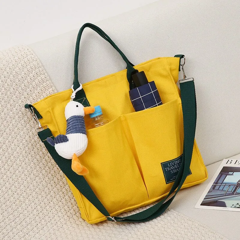 Christmas Gift Cartoons Women Handbag Shoulder Bags Large Capacity Canvas Folding Handbags Shopping Bag with Pendant Tote Book Bags for Girls