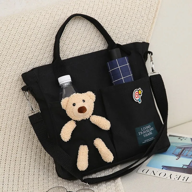 Christmas Gift Cartoons Women Handbag Shoulder Bags Large Capacity Canvas Folding Handbags Shopping Bag with Pendant Tote Book Bags for Girls