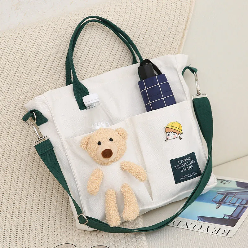 Christmas Gift Cartoons Women Handbag Shoulder Bags Large Capacity Canvas Folding Handbags Shopping Bag with Pendant Tote Book Bags for Girls