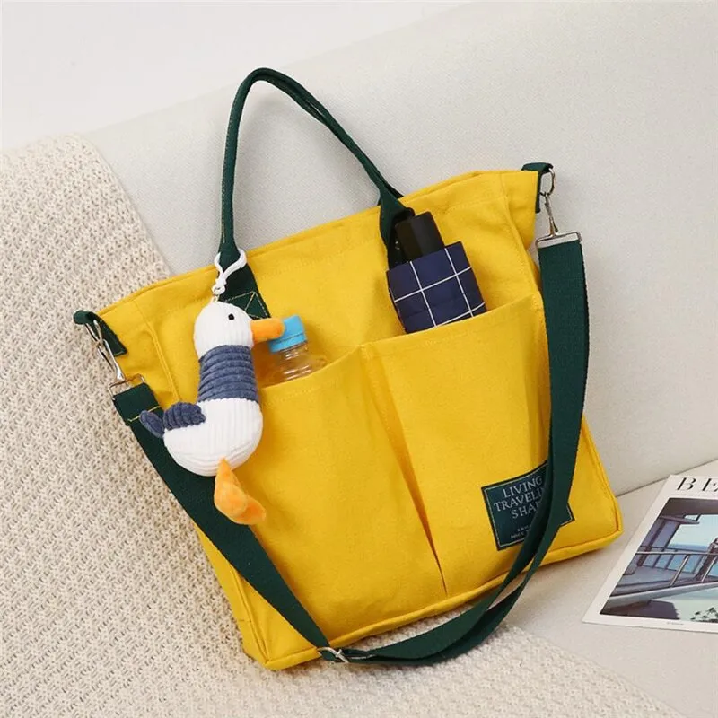 Christmas Gift Cartoons Women Handbag Shoulder Bags Large Capacity Canvas Folding Handbags Shopping Bag with Pendant Tote Book Bags for Girls