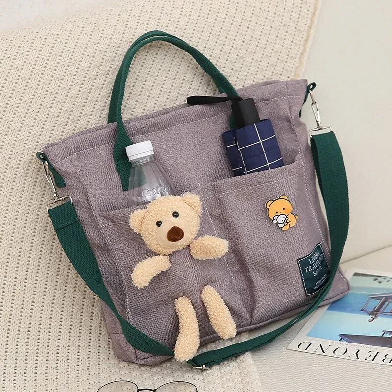 Christmas Gift Cartoons Women Handbag Shoulder Bags Large Capacity Canvas Folding Handbags Shopping Bag with Pendant Tote Book Bags for Girls