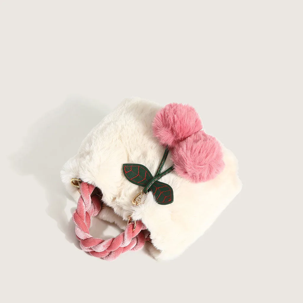 Cute Cherry Trim Twist Shoulder Strap Fluffy Tote Bag - White