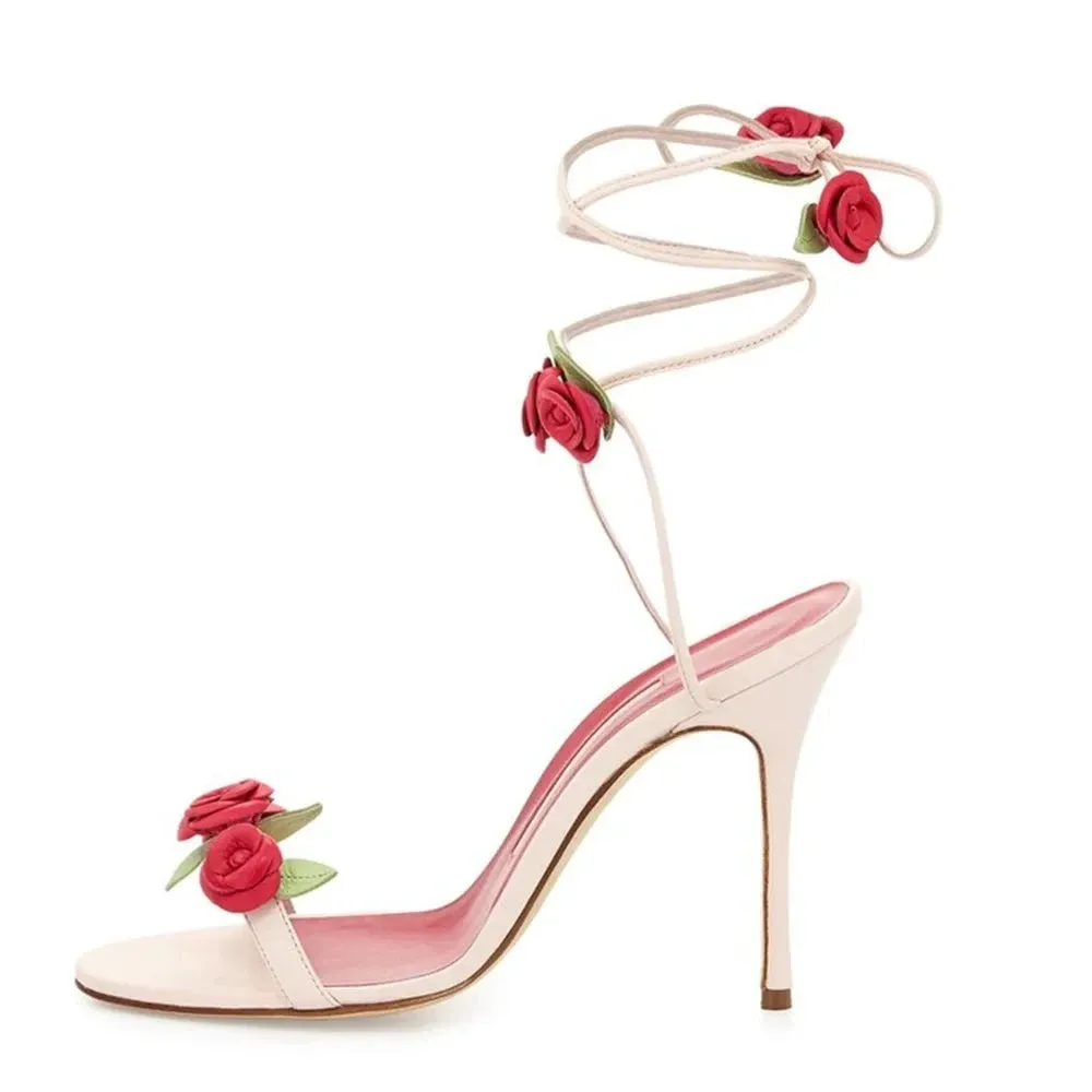 Flower Ankle Strap Thin High Heels Open Toe Shoes