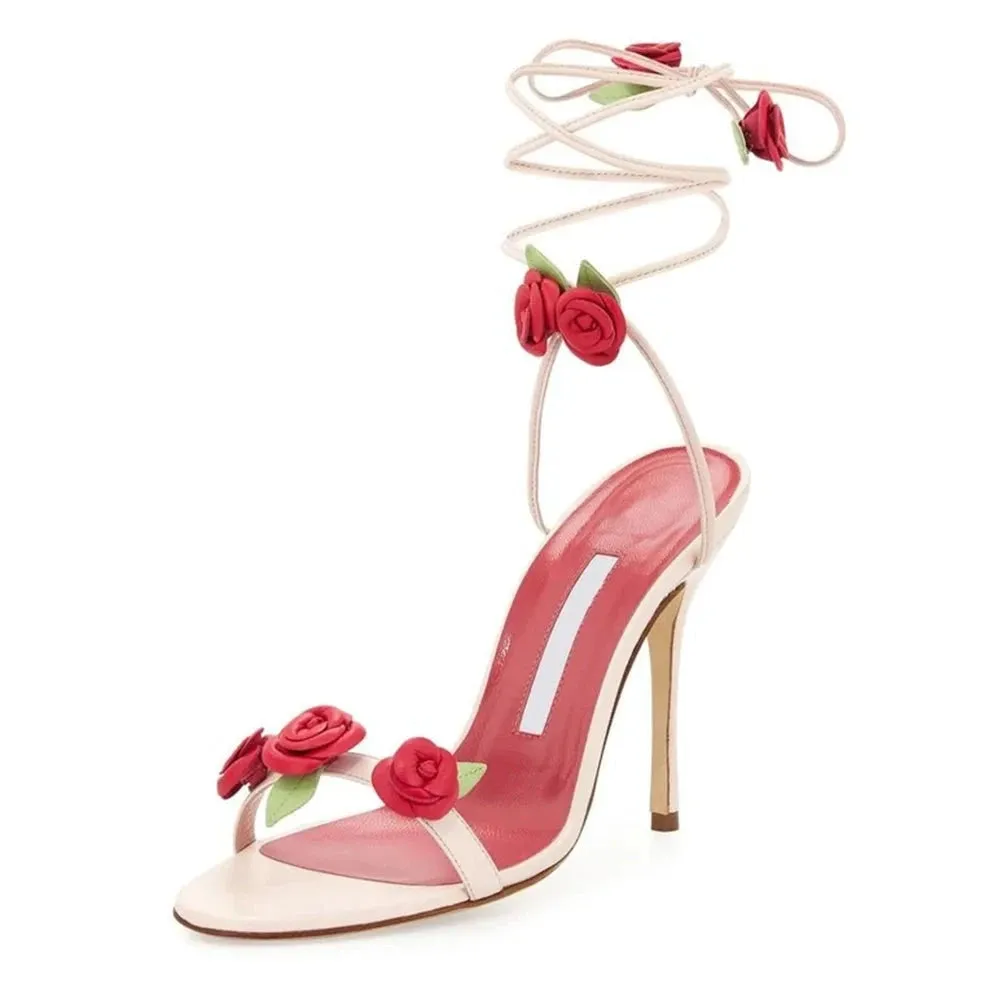 Flower Ankle Strap Thin High Heels Open Toe Shoes