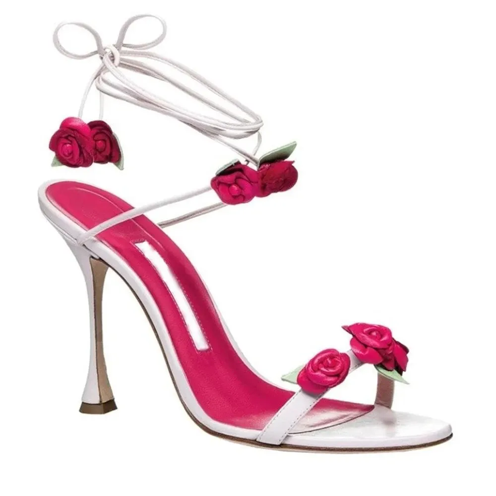 Flower Ankle Strap Thin High Heels Open Toe Shoes