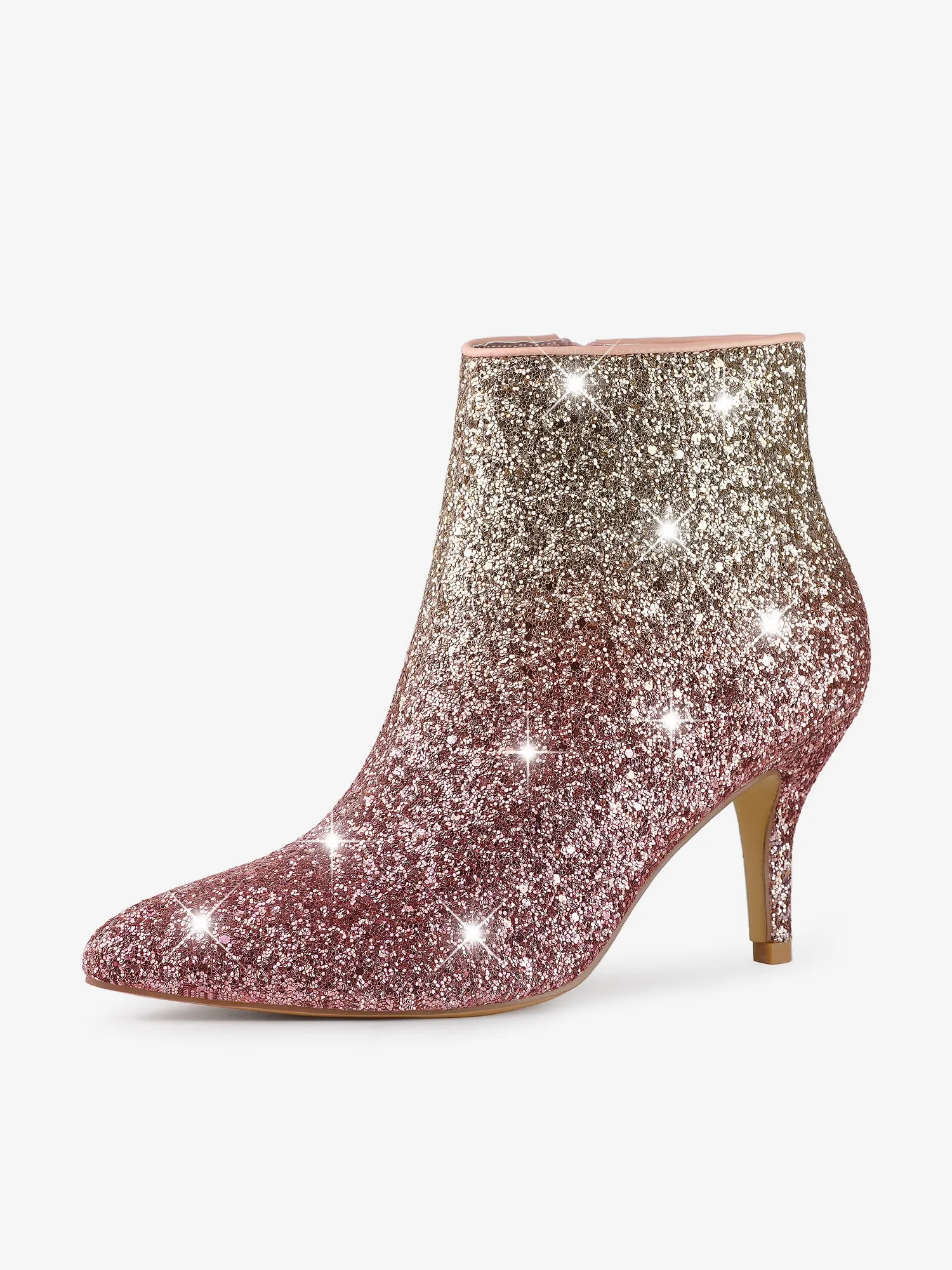 Glitter Pointed Toe Kitten Heel Zipper Ankle Boots
