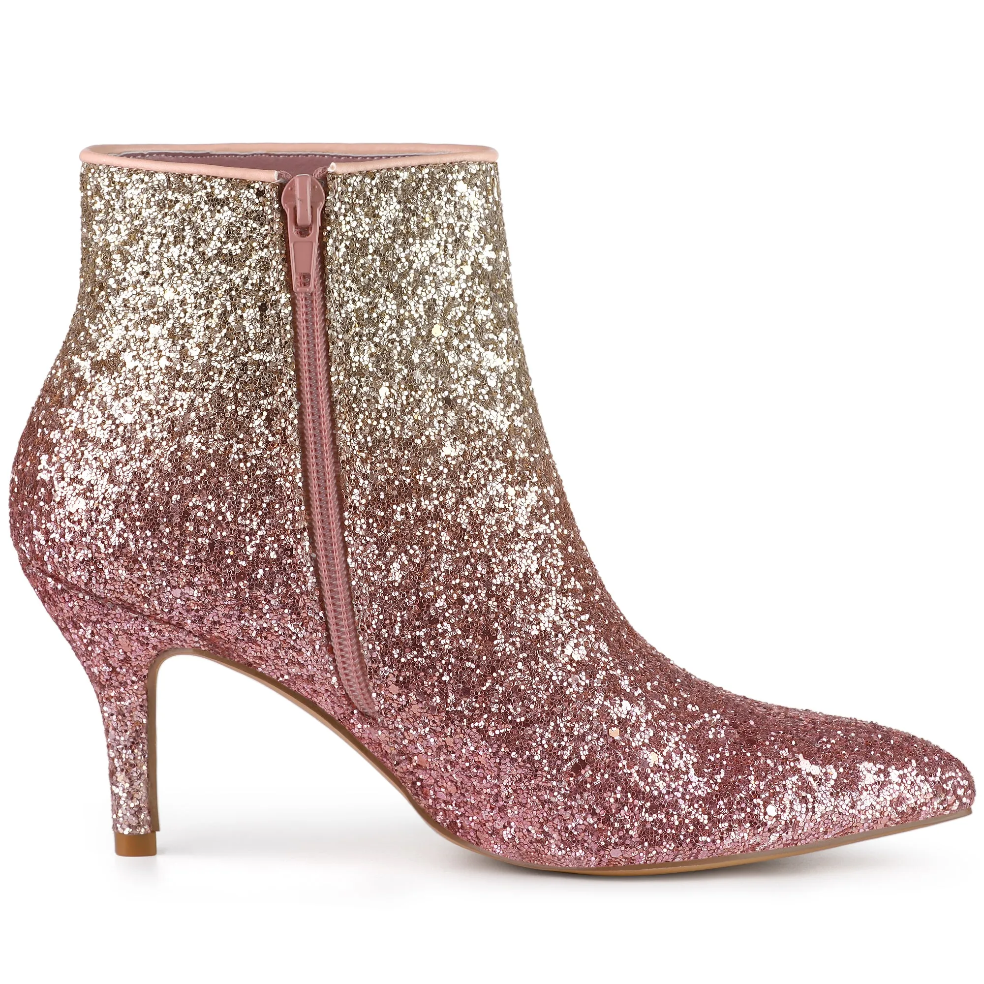 Glitter Pointed Toe Kitten Heel Zipper Ankle Boots