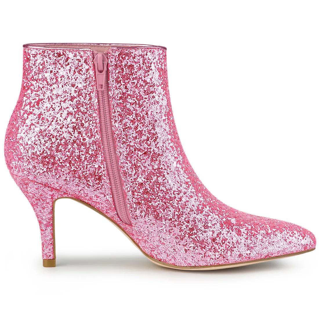 Glitter Pointed Toe Kitten Heel Zipper Ankle Boots