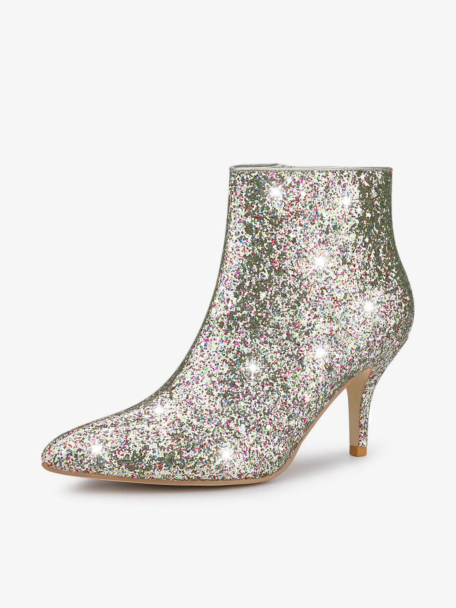 Glitter Pointed Toe Kitten Heel Zipper Ankle Boots