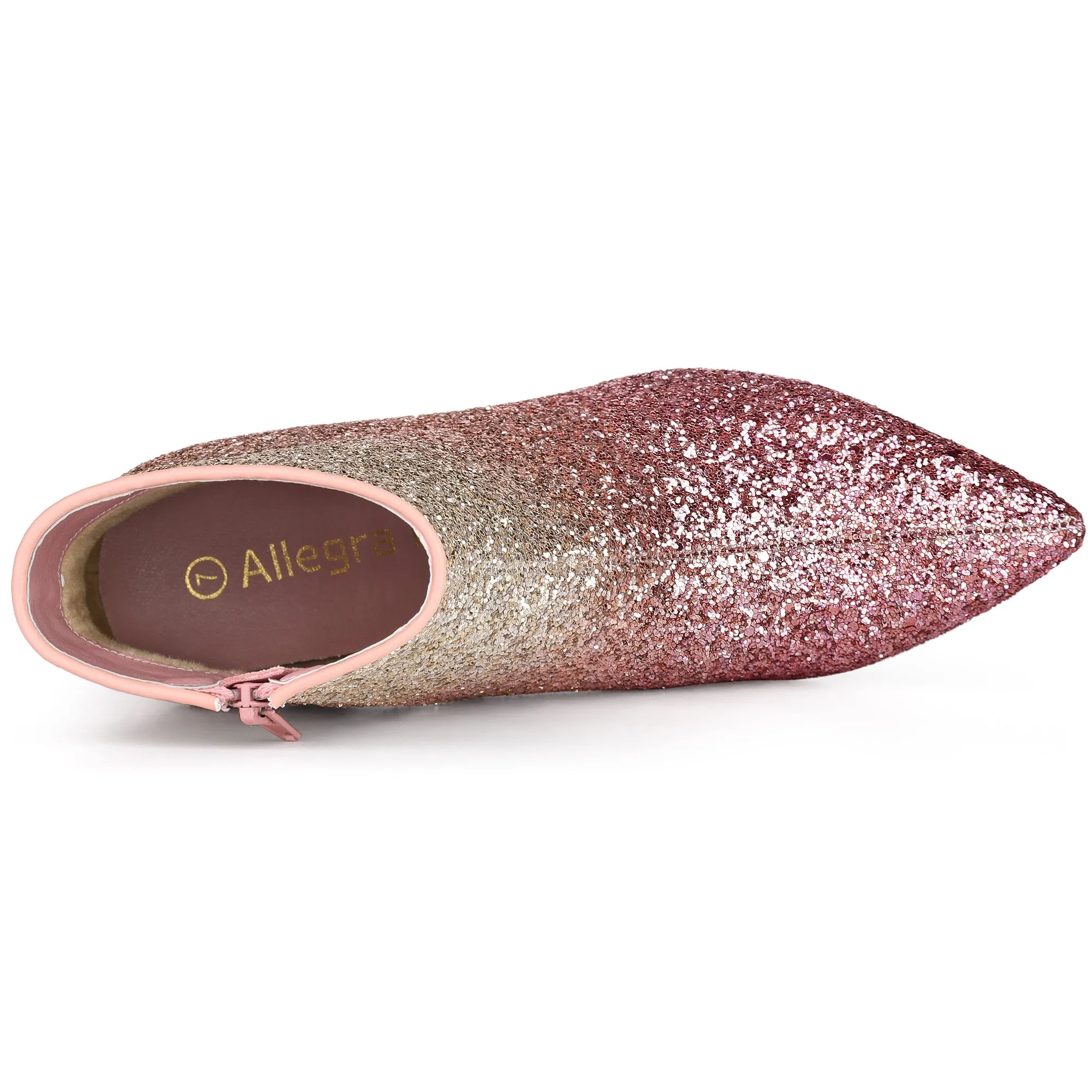 Glitter Pointed Toe Kitten Heel Zipper Ankle Boots