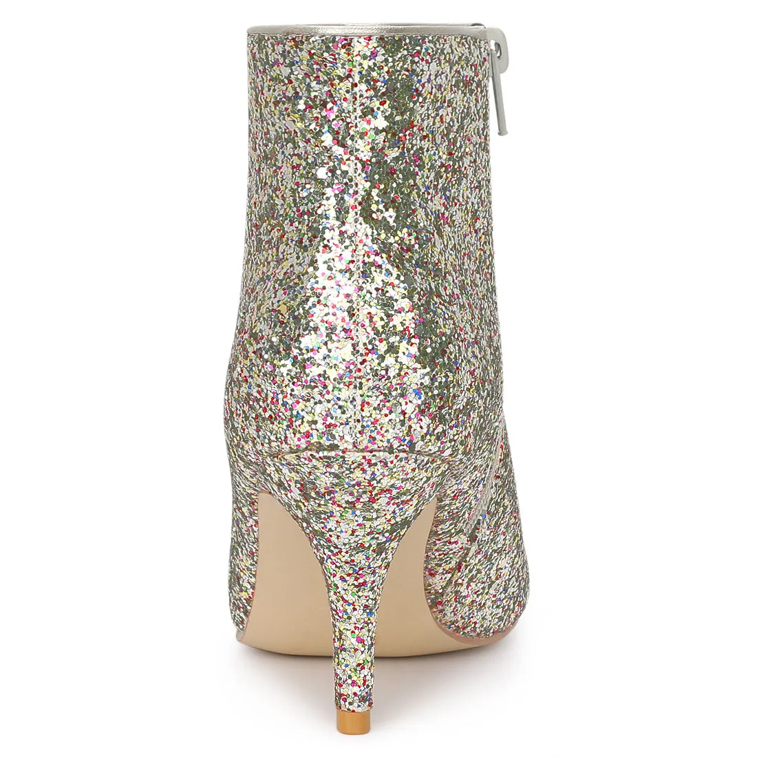 Glitter Pointed Toe Kitten Heel Zipper Ankle Boots