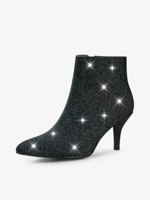 Glitter Pointed Toe Kitten Heel Zipper Ankle Boots