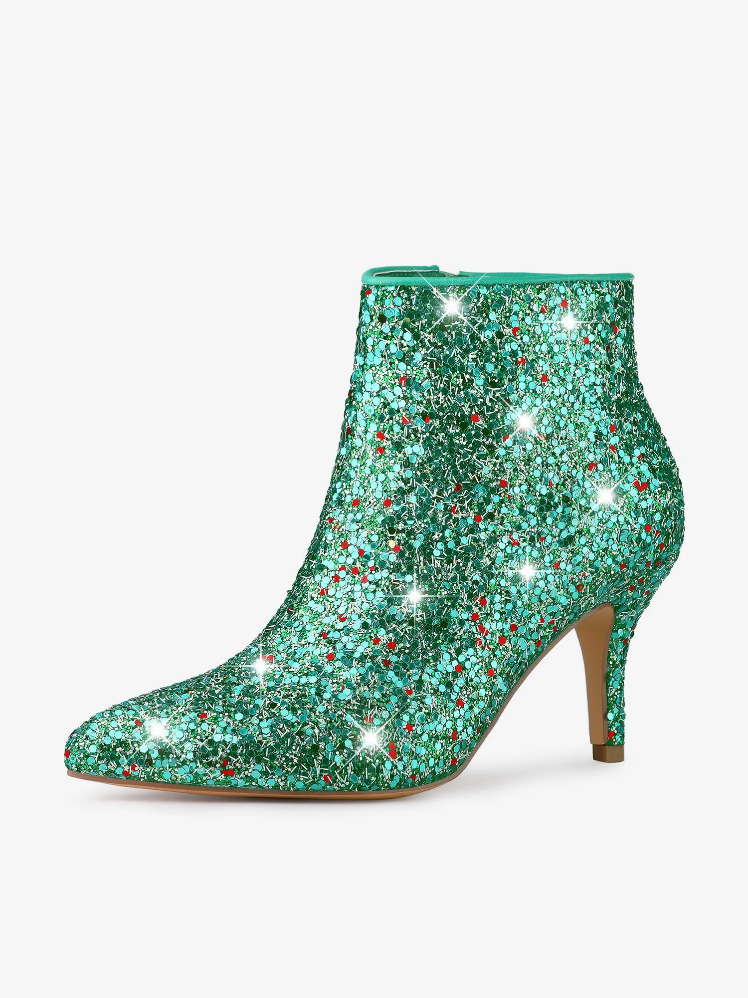 Glitter Pointed Toe Kitten Heel Zipper Ankle Boots