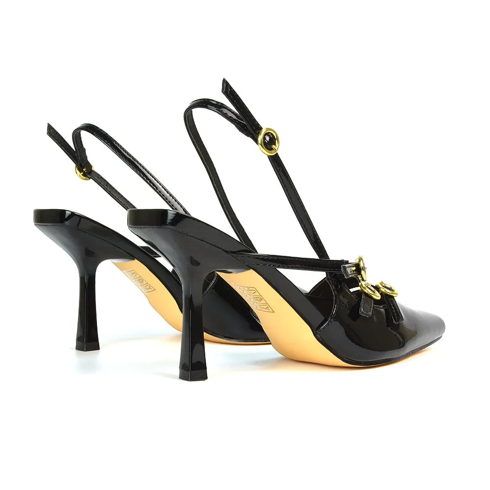 Kaylin Slingback Pointed Toe Stiletto High Heel Court Shoes in Black Patent