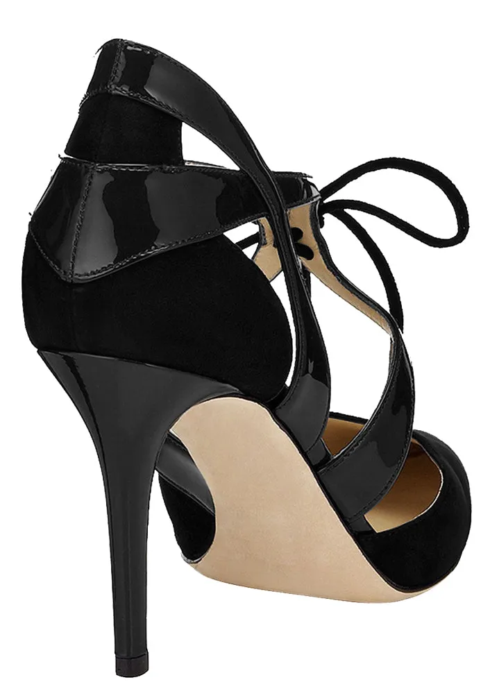 Lace-up 10cm 12cm Black Suede Pumps Cross Strap Dress Party High Heels