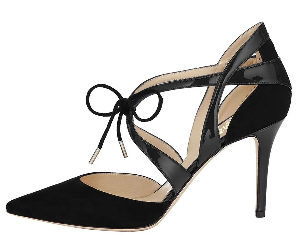 Lace-up 10cm 12cm Black Suede Pumps Cross Strap Dress Party High Heels
