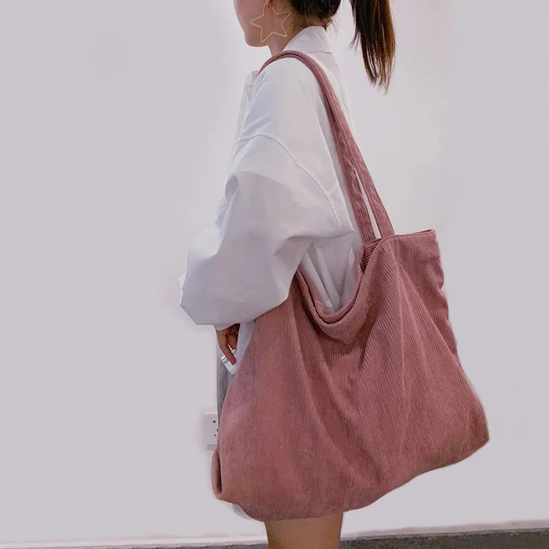 Large Capacity Zippered Outdoor Travel Corduroy Shopping Bags