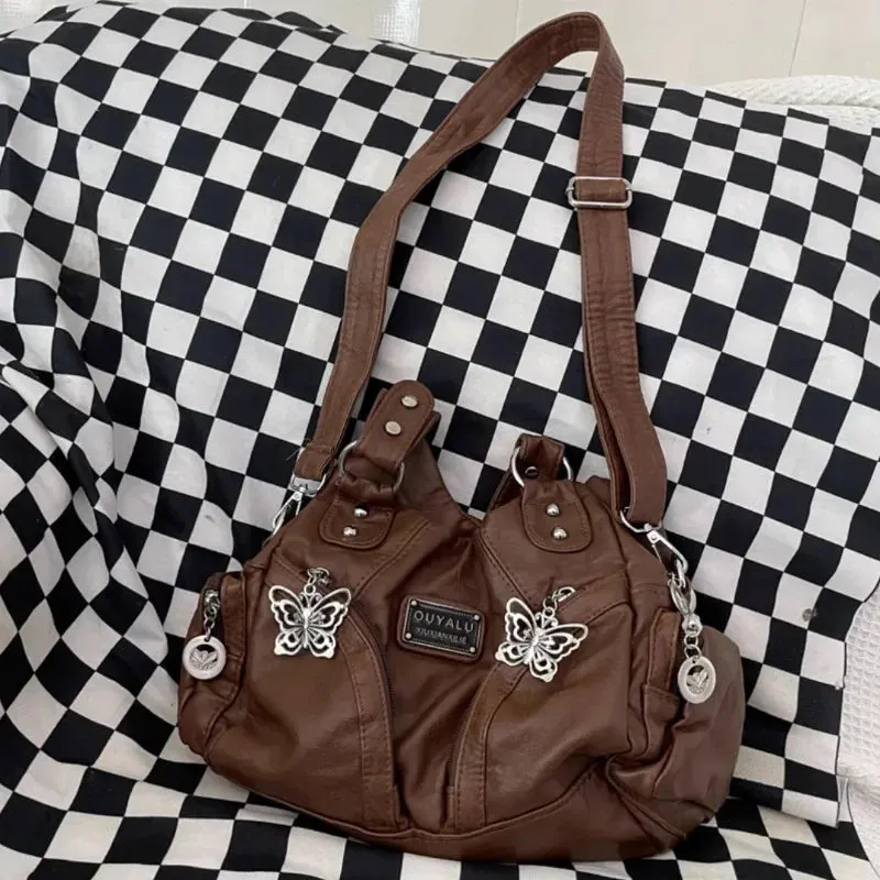 Sohiwoo Brown Y2k Womens Shoulder Bag Vintage Fashion Soft Pu Leather Gothic Tote Bag Punk Harajuku Casual Large Capacity Handbag