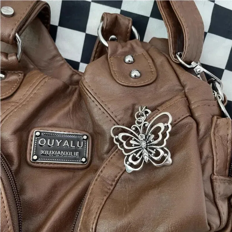 Sohiwoo Brown Y2k Womens Shoulder Bag Vintage Fashion Soft Pu Leather Gothic Tote Bag Punk Harajuku Casual Large Capacity Handbag