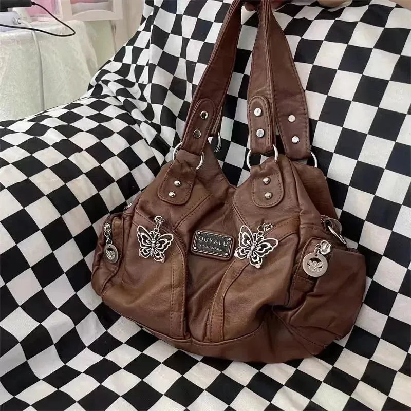Sohiwoo Brown Y2k Womens Shoulder Bag Vintage Fashion Soft Pu Leather Gothic Tote Bag Punk Harajuku Casual Large Capacity Handbag