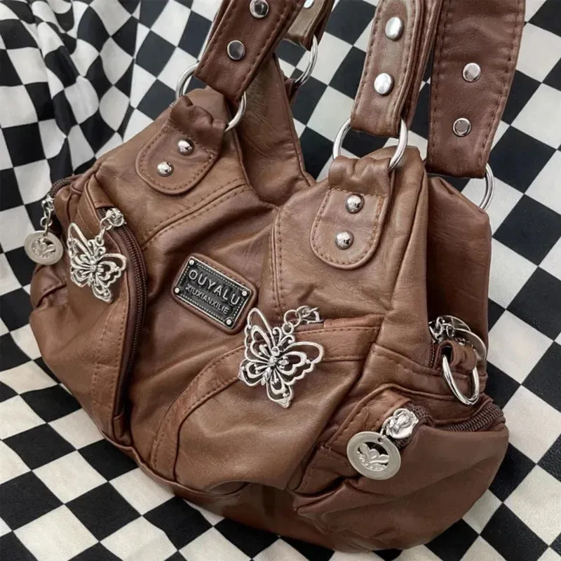 Sohiwoo Brown Y2k Womens Shoulder Bag Vintage Fashion Soft Pu Leather Gothic Tote Bag Punk Harajuku Casual Large Capacity Handbag